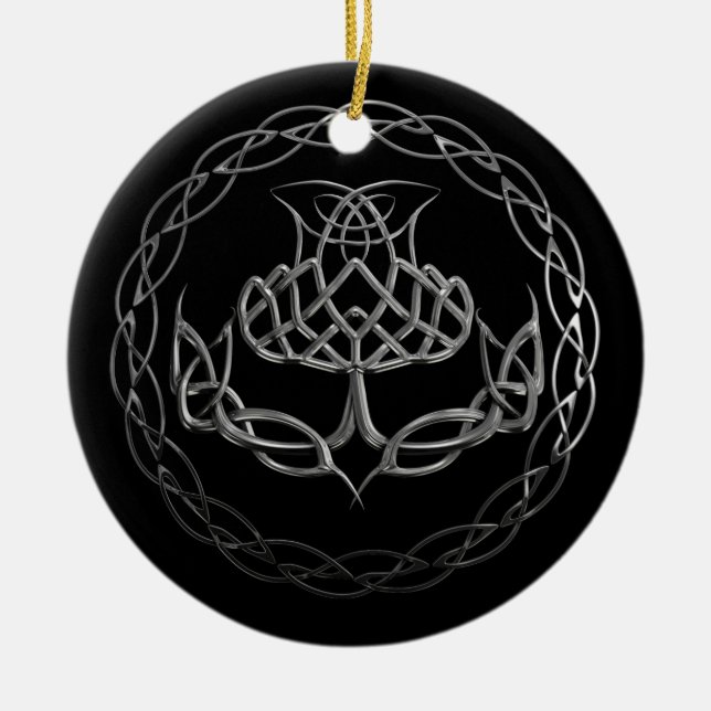 Chrome Celtic Knot Thistle Ceramic Tree Decoration (Front)
