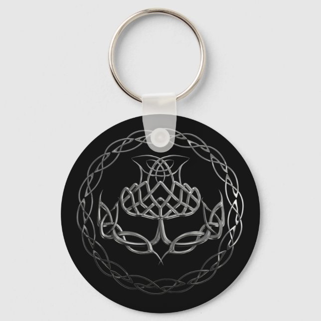 Chrome Celtic Knot Thistle Key Ring (Front)