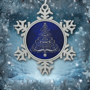 Chrome Christmas Tree Blue Snowflake Pewter Christmas Ornament