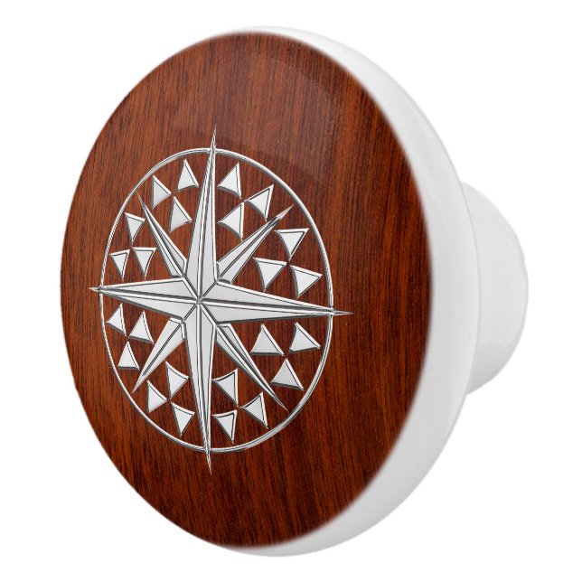 Chrome Compass on Nautical Mahogany Grain Print Ceramic Knob (Right)