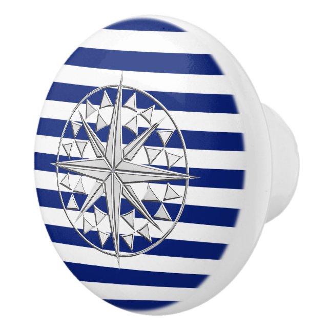 Chrome Compass on Nautical Navy Blue Stripes Print Ceramic Knob (Right)