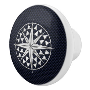 Chrome Compass on Nautical Navy Carbon Fibre Print Ceramic Knob