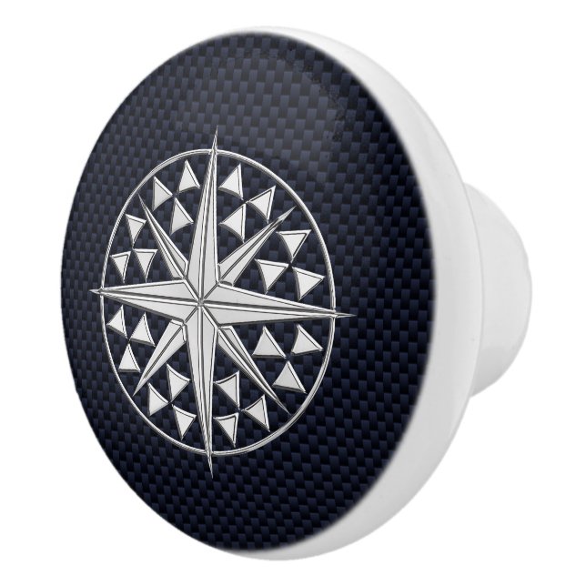 Chrome Compass on Nautical Navy Carbon Fibre Print Ceramic Knob (Right)