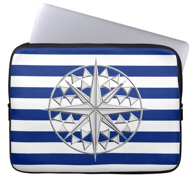 Chrome Compass on Nautical Stripes Laptop Sleeve (Front)