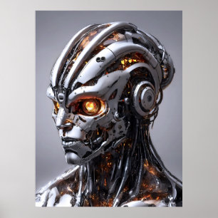 Chrome Cyborg Orange Glow Sci-Fi AI Portrait Poster