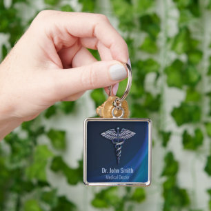 Chrome Dark Holographic 3D Medical Caduceus Key Ring