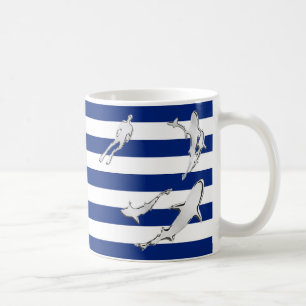 Chrome Diver and Sharks Silhouettes on Stripes Coffee Mug