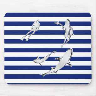 Chrome Diver and Sharks Silhouettes on Stripes Mouse Mat