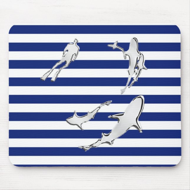 Chrome Diver and Sharks Silhouettes on Stripes Mouse Mat (Front)