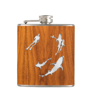 Chrome Diver n Sharks on Teak Print Hip Flask