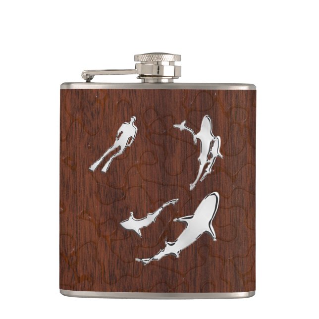 Chrome Diver n Sharks on Wet Mahogany Print Hip Flask (Front)