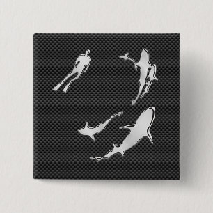 Chrome Diver with Sharks on Carbon Fiber 15 Cm Square Badge