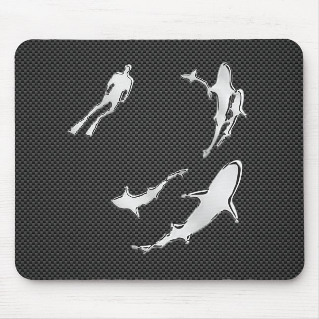 Chrome Diver with Sharks on Carbon Fibre Mouse Mat (Front)