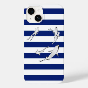 Chrome Diver with Sharks Print on Navy Stripes Case-Mate iPhone 14 Case