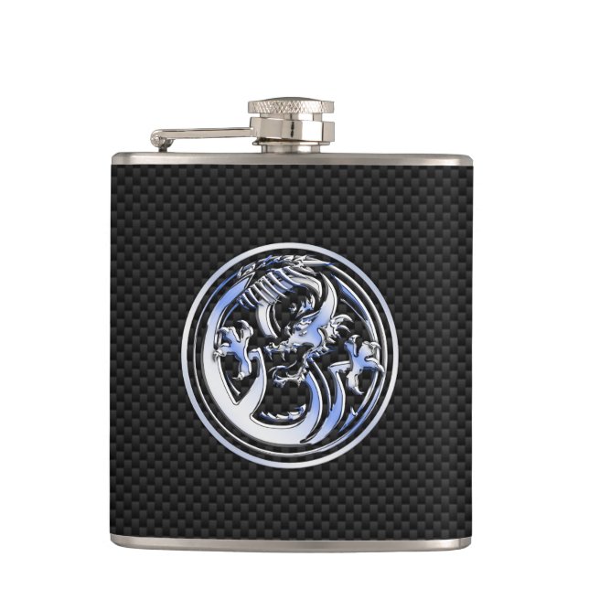 Chrome Dragon Crest black Carbon Fibre Print Hip Flask (Front)