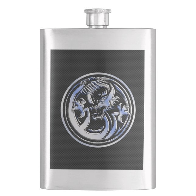 Chrome Dragon Crest black Carbon Fibre Print Hip Flask (Front)