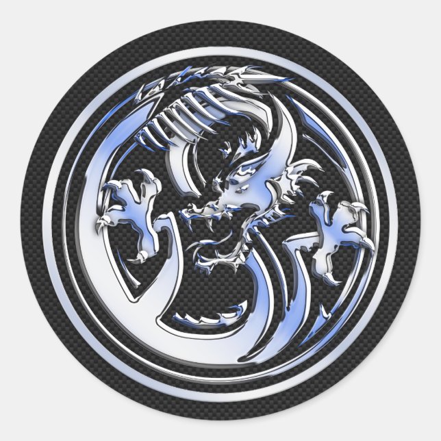 Chrome Dragon Crest dark Carbon Fibre Print Classic Round Sticker (Front)