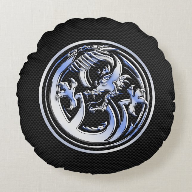 Chrome Dragon Crest dark Carbon Fibre Print Round Cushion (Front)