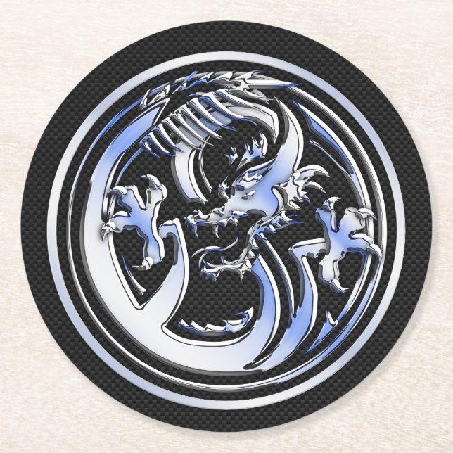 Chrome Dragon Crest dark Carbon Fibre Print Round Paper Coaster (Front)