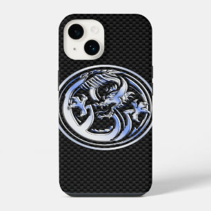 Chrome Dragon Crest on Carbon Fibre Print iPhone 14 Case