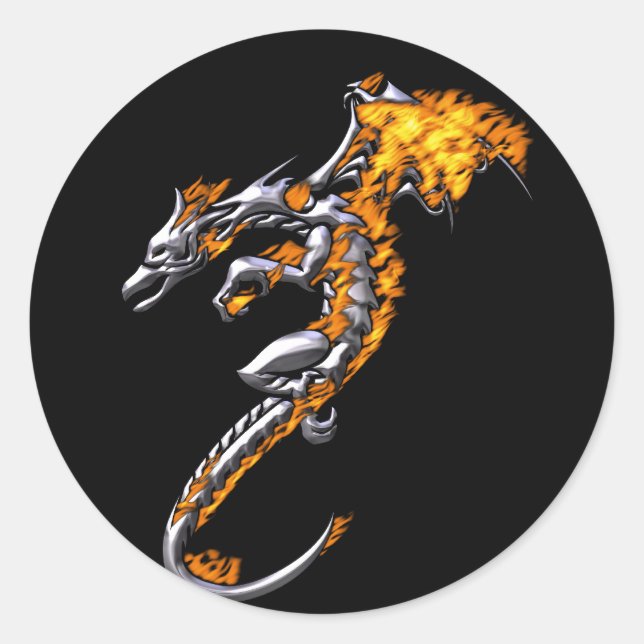 Chrome Dragon with Flames Classic Round Sticker (Front)
