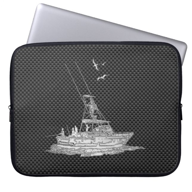 Chrome Fishing Boat on Carbon Fibre Decor Laptop Sleeve (Front)