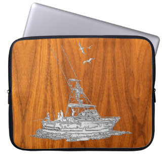 Chrome Fishing Boat on Teak Wood Grain Decor Laptop Sleeve