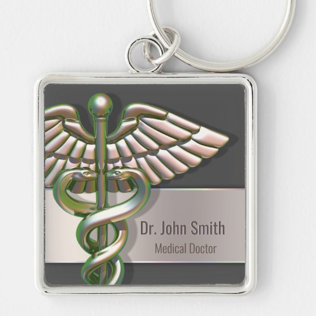 Chrome Holographic 3D Medical Caduceus Key Ring (Front)