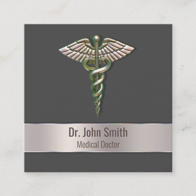 Chrome Holographic 3D Medical Caduceus Square Business Card (Front)