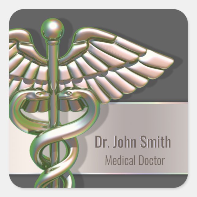 Chrome Holographic 3D Medical Caduceus Square Sticker (Front)