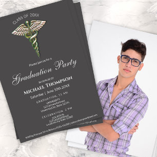 Chrome Holographic Caduceus Graduation   Photo Invitation