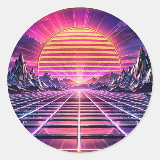 Chrome Horizon — Retro Synthwave Sunset Classic Round Sticker (Front)