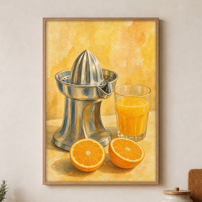 Chrome Juicer & Orange Halves Watercolour Poster (Shown framed for scale. Poster ships unframed; frames are an optional add-on.)
