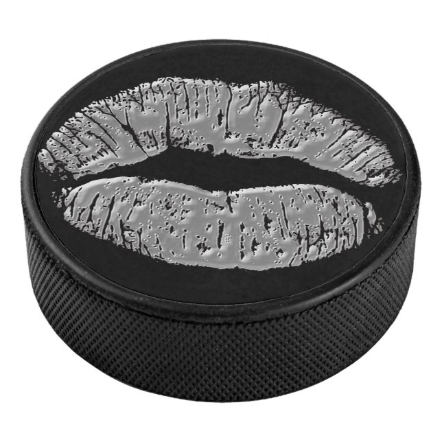 Chrome Kissing Lips on Black Hockey Puck (3/4)