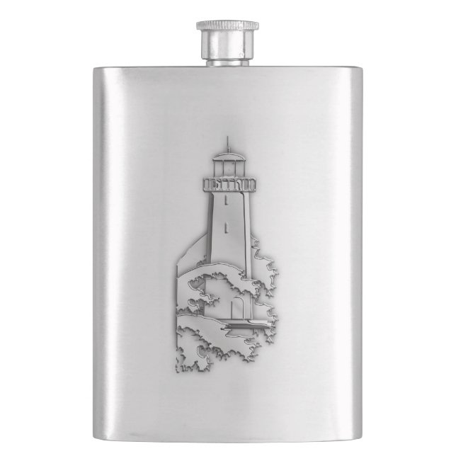 Chrome Lighthouse Nautical Print Hip Flask (Front)