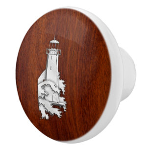 Chrome Lighthouse on Mahogany Grain Print Ceramic Knob