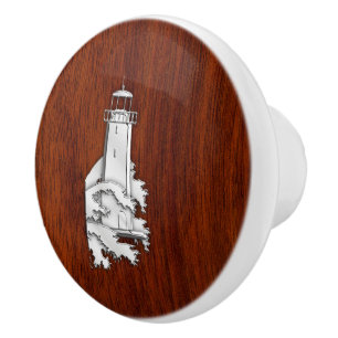 Chrome Lighthouse on Mahogany Grain Print Ceramic Knob