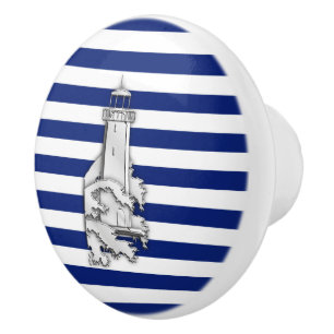 Chrome Lighthouse on Nautical Navy Stripes Print Ceramic Knob