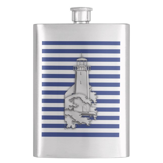 Chrome Lighthouse on Navy Stripes Print Hip Flask (Front)
