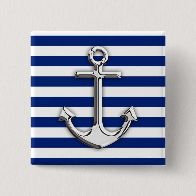 Chrome Like Anchor Design on Navy Stripes 15 Cm Square Badge (Front)