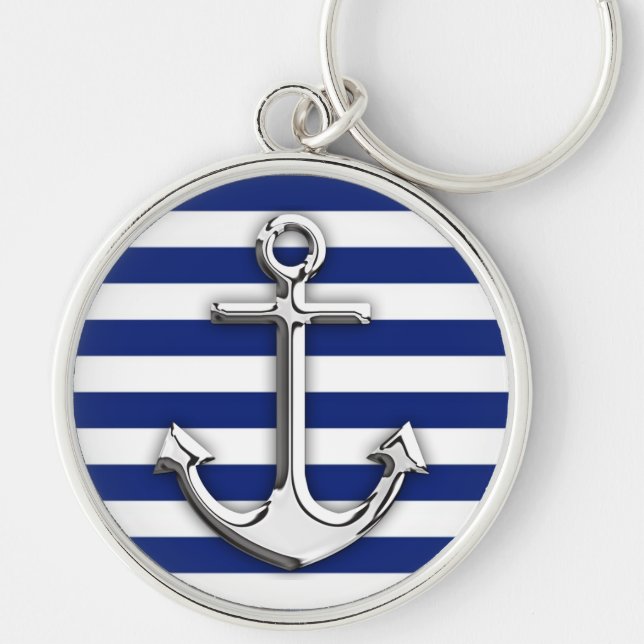 Chrome Like Anchor Design on Navy Stripes Key Ring (Front)