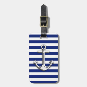 Chrome Like Anchor Design on Navy Stripes Luggage Tag