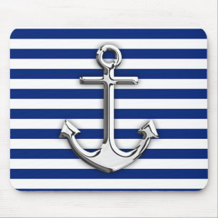 Chrome Like Anchor Design on Navy Stripes Mouse Mat