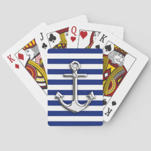Chrome Like Anchor Design on Navy Stripes Playing Cards