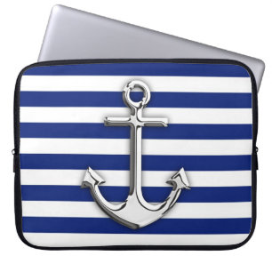Chrome Like Anchor Graphic on Navy Stripes Laptop Sleeve
