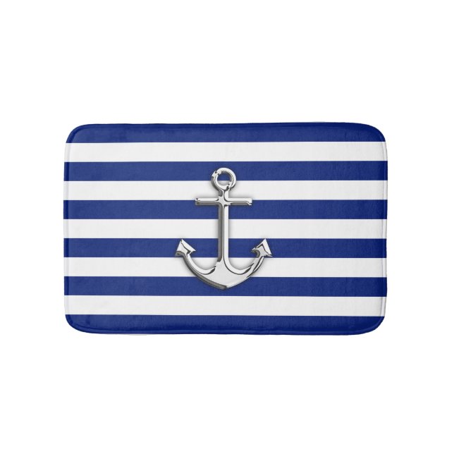 Chrome Like Anchor Nautical Navy Blue Stripes Bath Mat (Front)