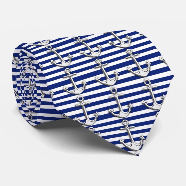 Chrome Like Anchor Nautical Navy Blue Stripes Tie (Rolled)