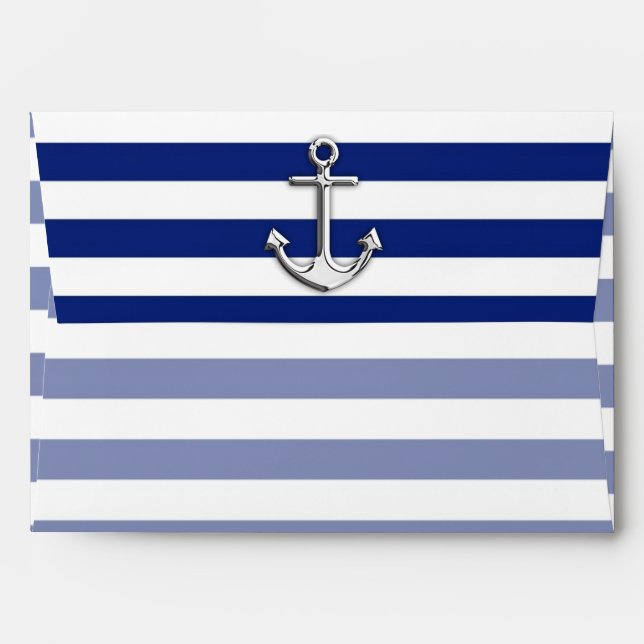 Chrome Like Anchor on Navy Blue Stripes Decor Envelopes (Back (Top Flap))
