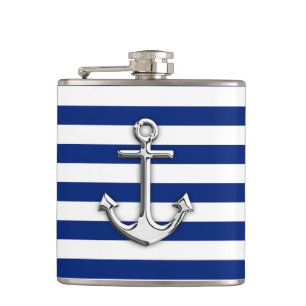 Chrome Like Anchor on Navy Blue Stripes Decor Hip Flask