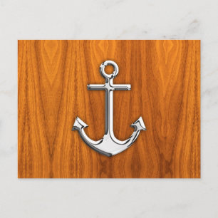 Chrome Like Anchor on Teak Veneer Postcard